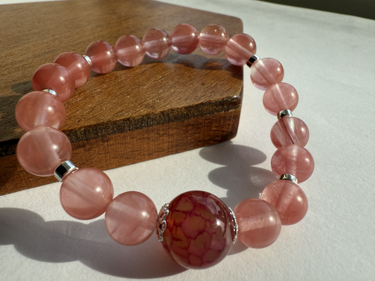 Cherry Quartz & Hematite Gemstone Bracelet, Silver Plated Bead Caps, Handmade Jewelry