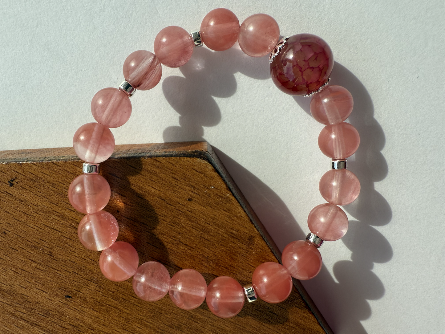 Cherry Quartz & Hematite Gemstone Bracelet, Silver Plated Bead Caps, Handmade Jewelry