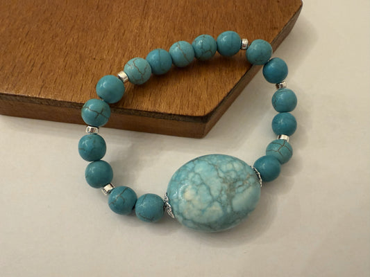 Turquoise Magnesite Stretch Bracelet | Hematite & Silver Plated Accents