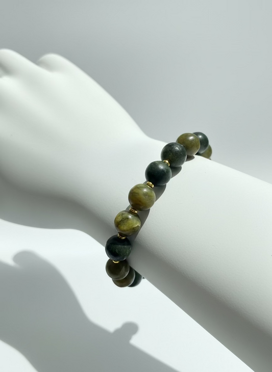 8mm Serpentine Jade Stretch Bracelet, Hematite Accents