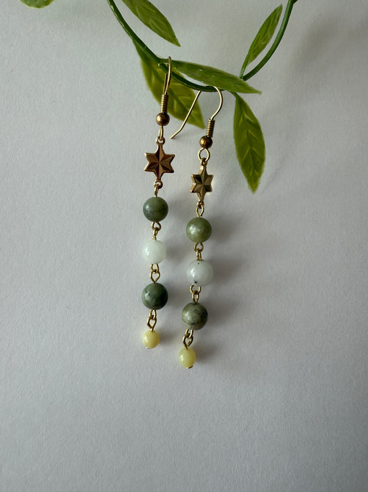 Gold Plated Star Connector , Green Gemstone Bead Dangle Earrings | Brass Hooks | Nickel & Lead Free
