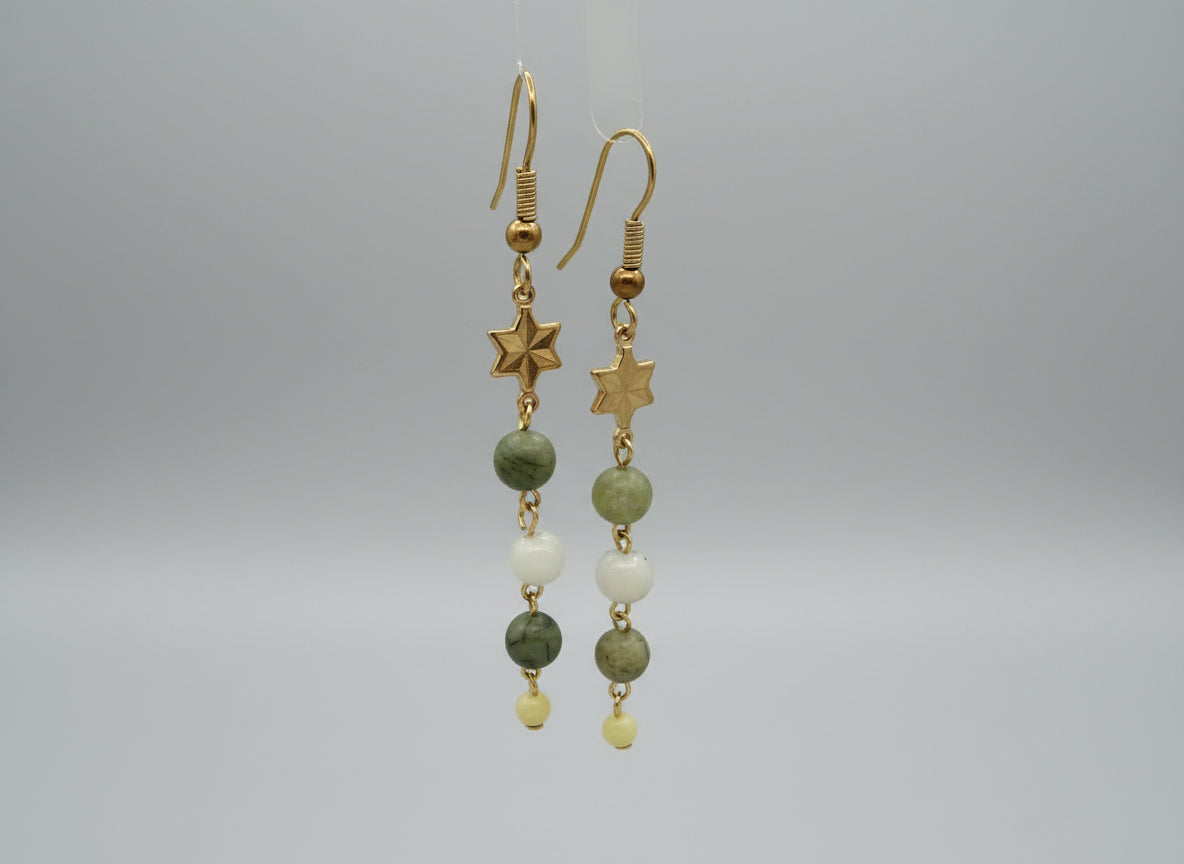 Gold Plated Star Connector , Green Gemstone Bead Dangle Earrings | Brass Hooks | Nickel & Lead Free