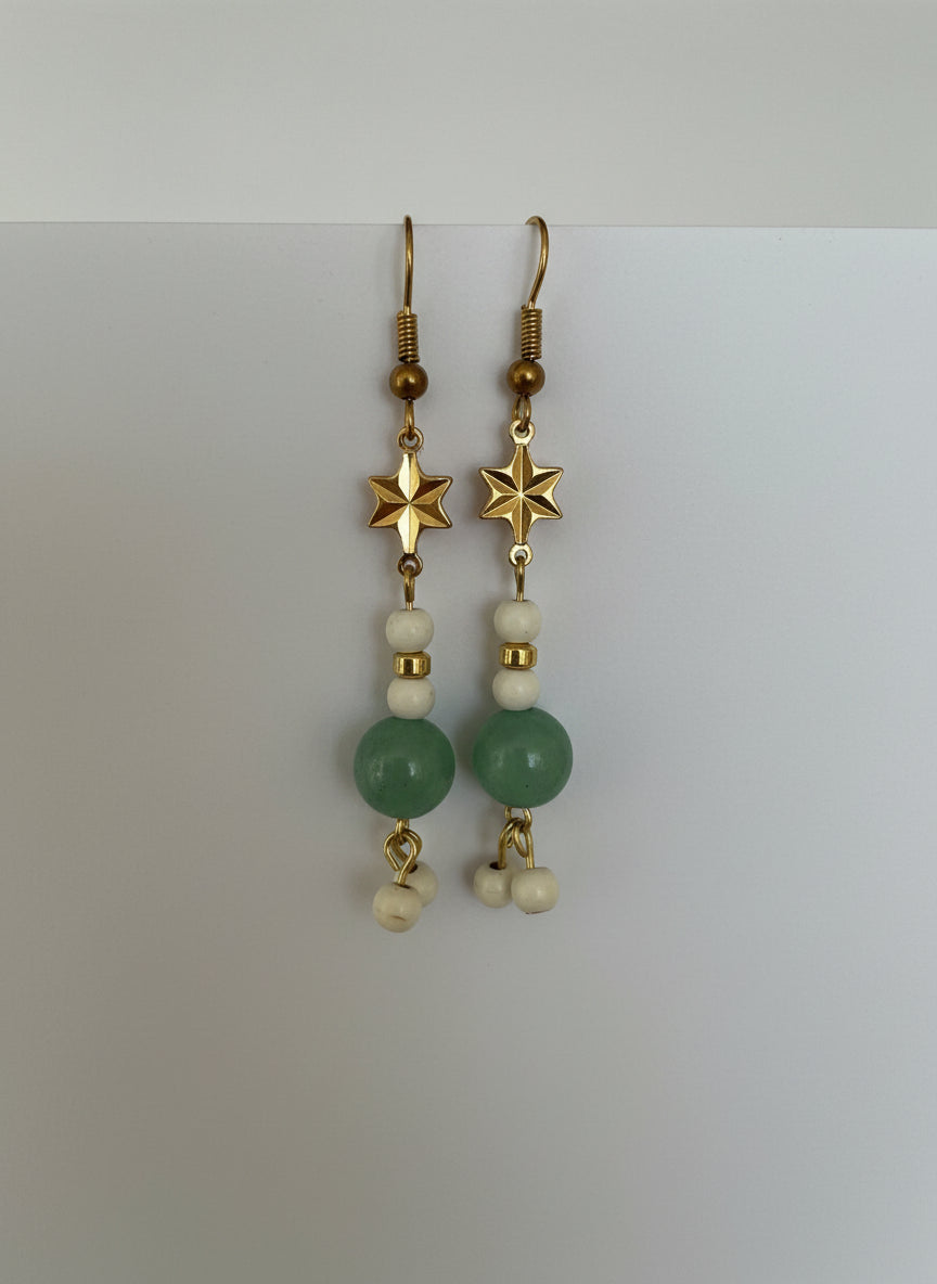 Green Aventurine , White Magnesite Earrings | Gold Plated Star Connector | Brass Hooks | Nickel & Lead Free
