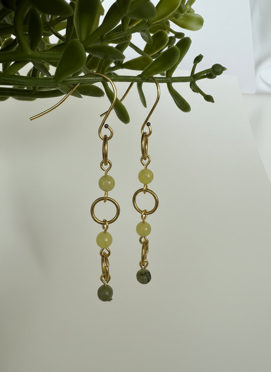 Handmade Green Serpentine Jade Bead Earrings · Brass Hooks · Nickel & Lead Free