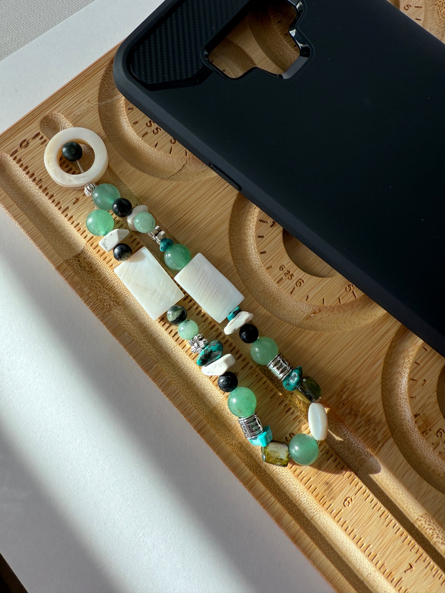 Handmade Green Aventurine Gemstone Phone Charm | Mother of Pearl Accent