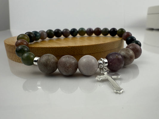 Gemstone Bracelet, Fancy Green Jasper, Lilac Quartz, Hematite, Silver Plated Cross Charm, Stretch Gift