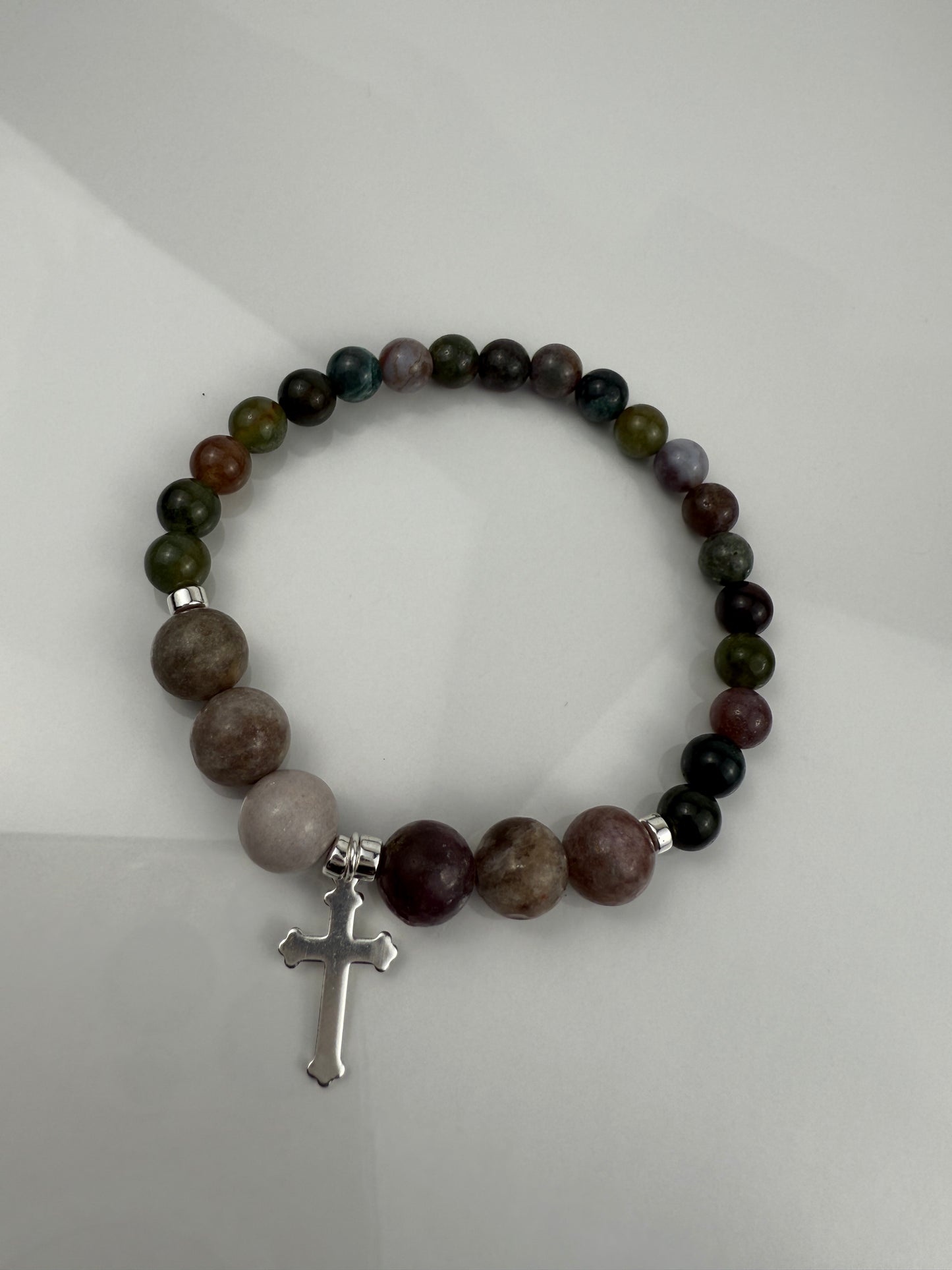 Gemstone Bracelet, Fancy Green Jasper, Lilac Quartz, Hematite, Silver Plated Cross Charm, Stretch Gift