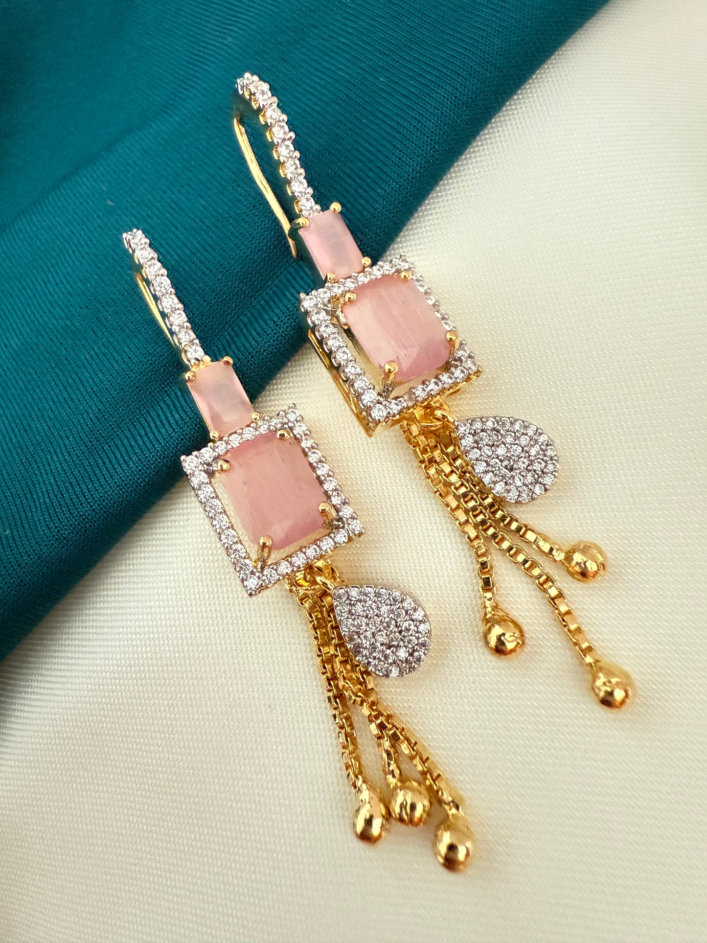 Pink Stone Drop Earrings with Gold Chain Tassel - Party Wear