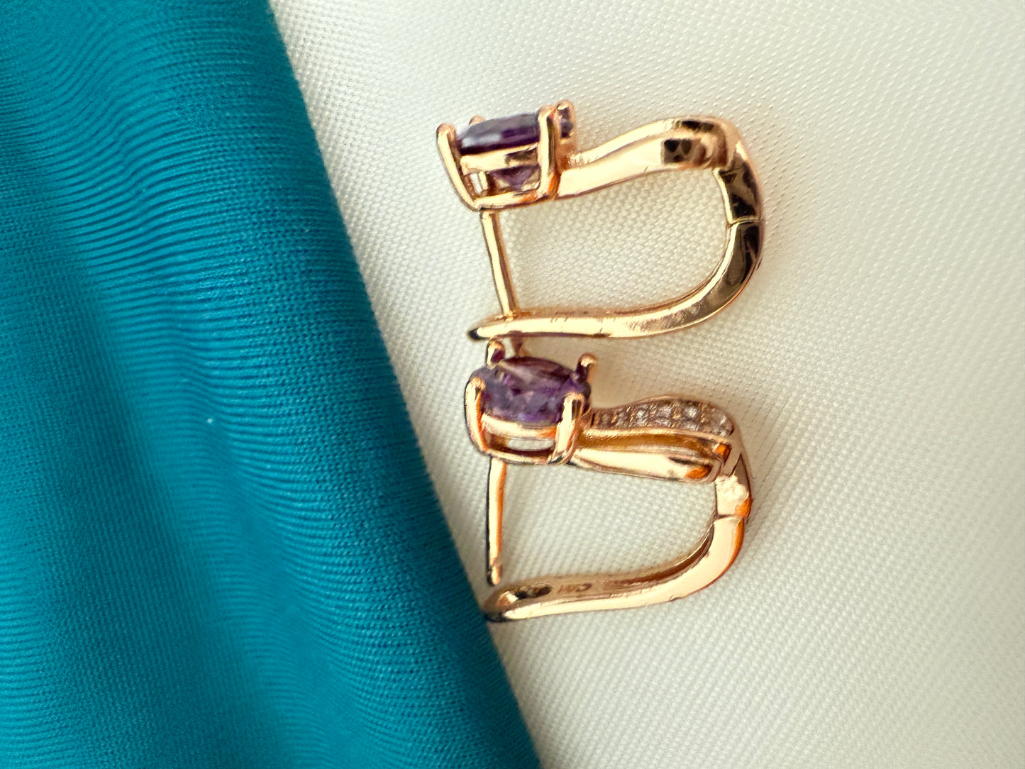 Gold Hoop Earrings with Round Purple Stone