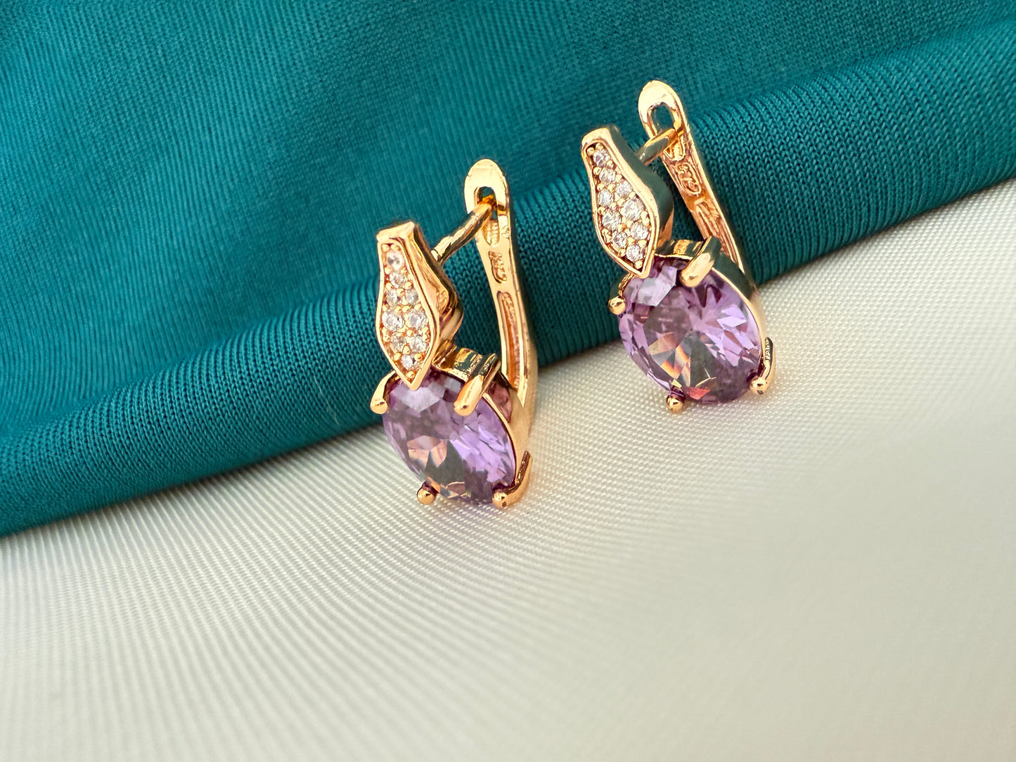 Gold Hoop Earrings with Purple Stone