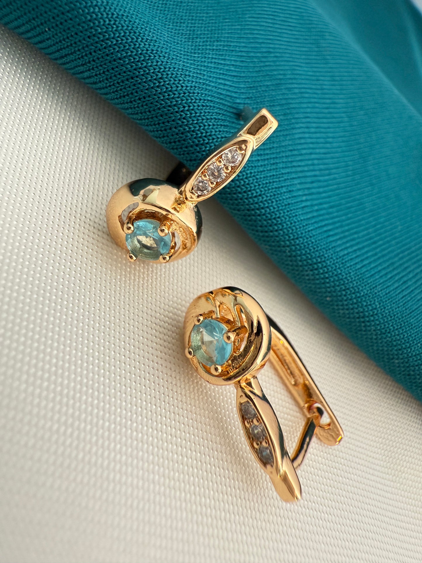 Gold Hoop Earrings with Aqua Crystal