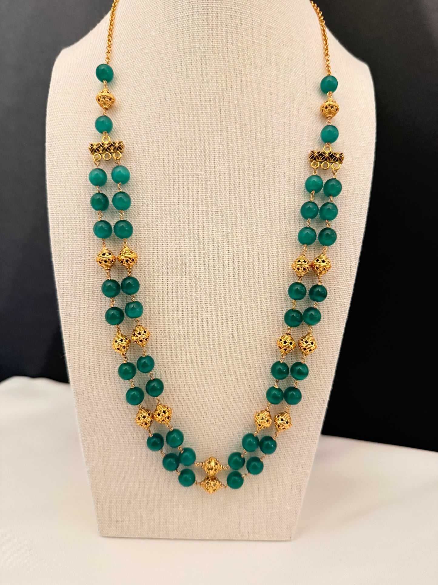 Teal & Gold Double-Strand Beaded Necklace