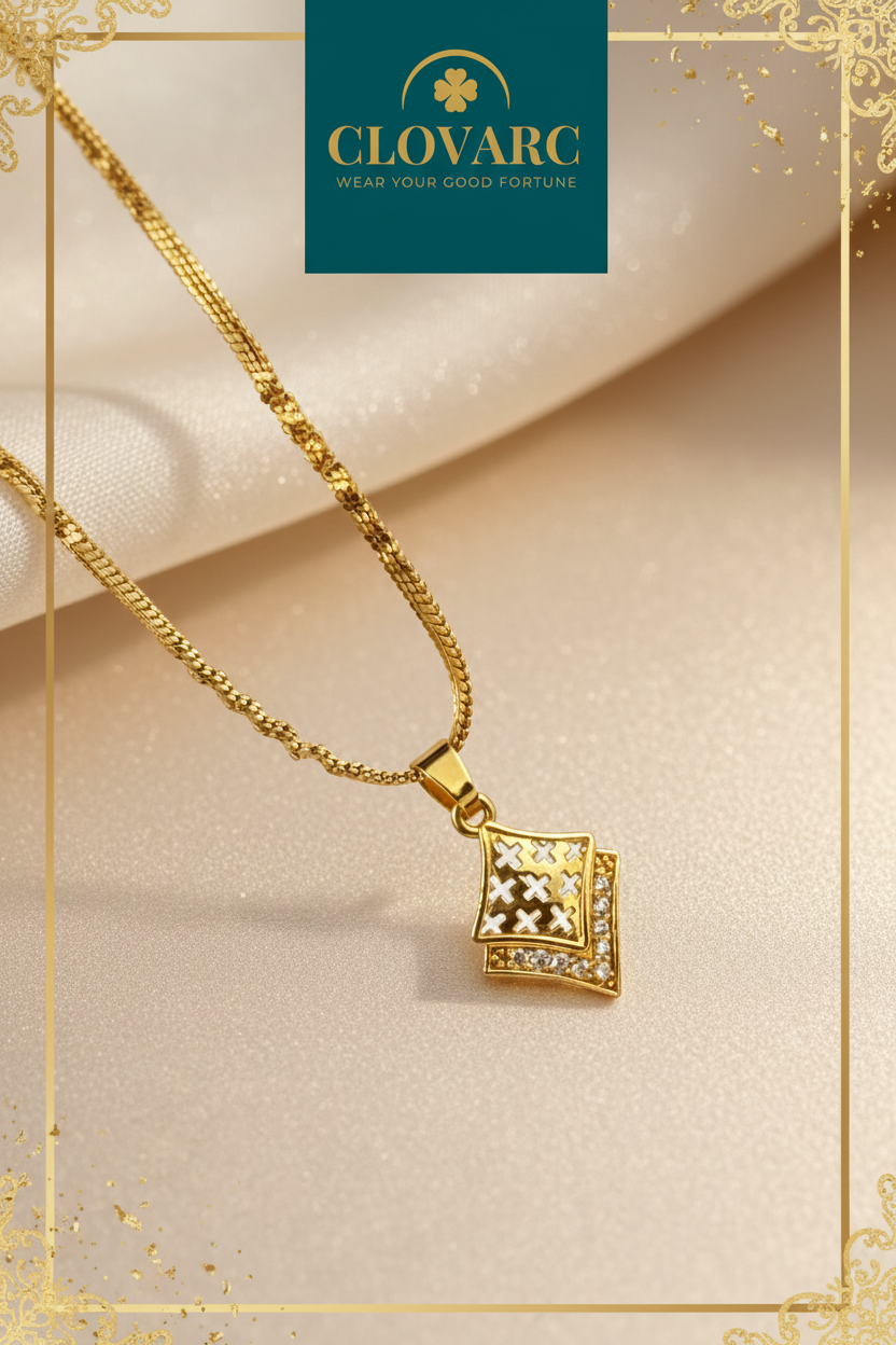 ClovArc Pinterest pin - Gold necklace ivory background