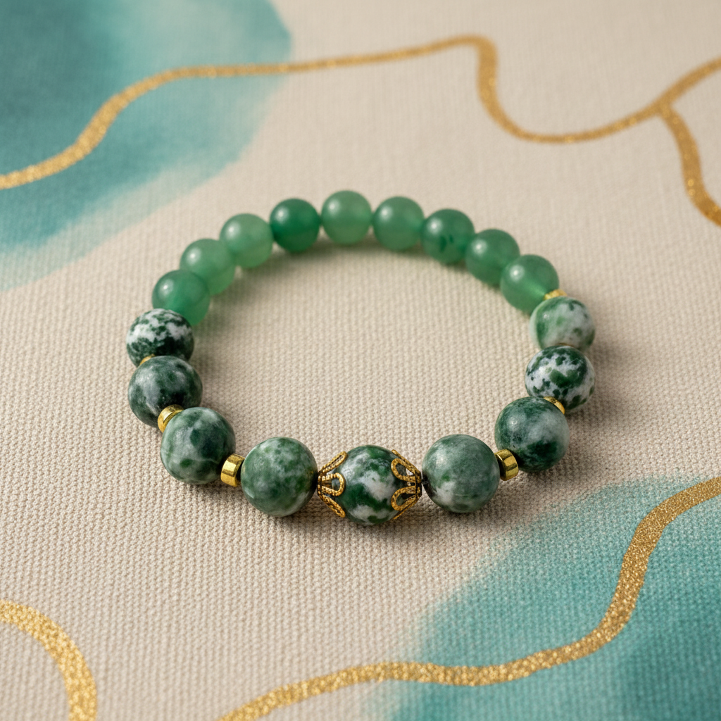 Tree Agate bracelet with brand colors background