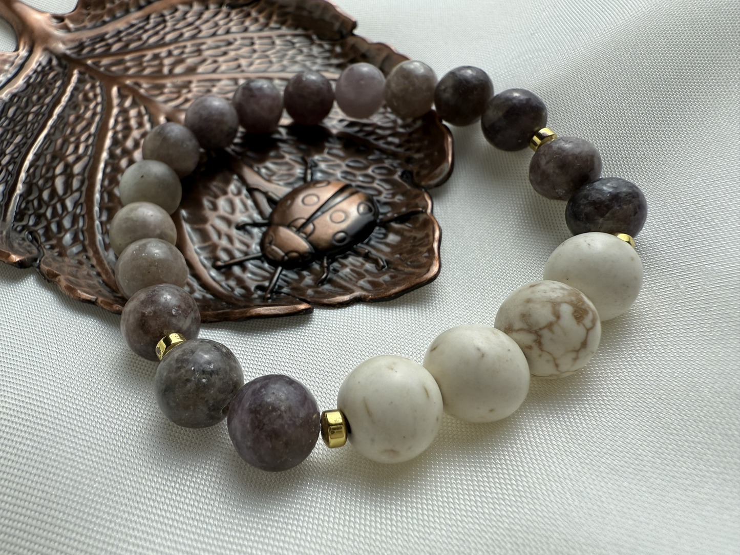 Handmade Lilac Quartz & Magnesite Gemstone Bracelet | Gold Hematite