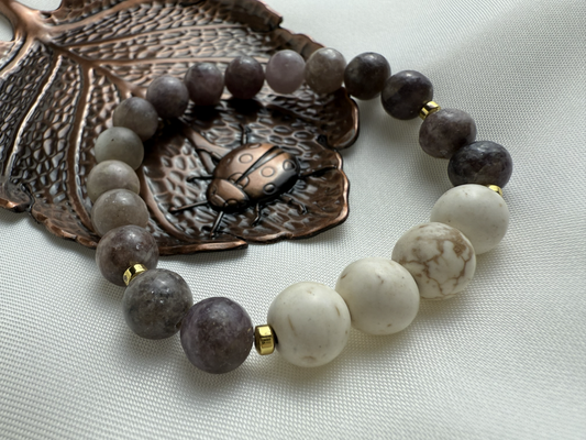 Handmade Lilac Quartz & Magnesite Gemstone Bracelet | Gold Hematite