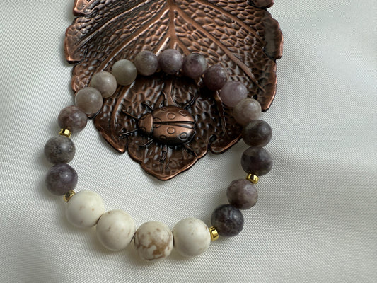 Handmade Lilac Quartz & Magnesite Gemstone Bracelet | Gold Hematite