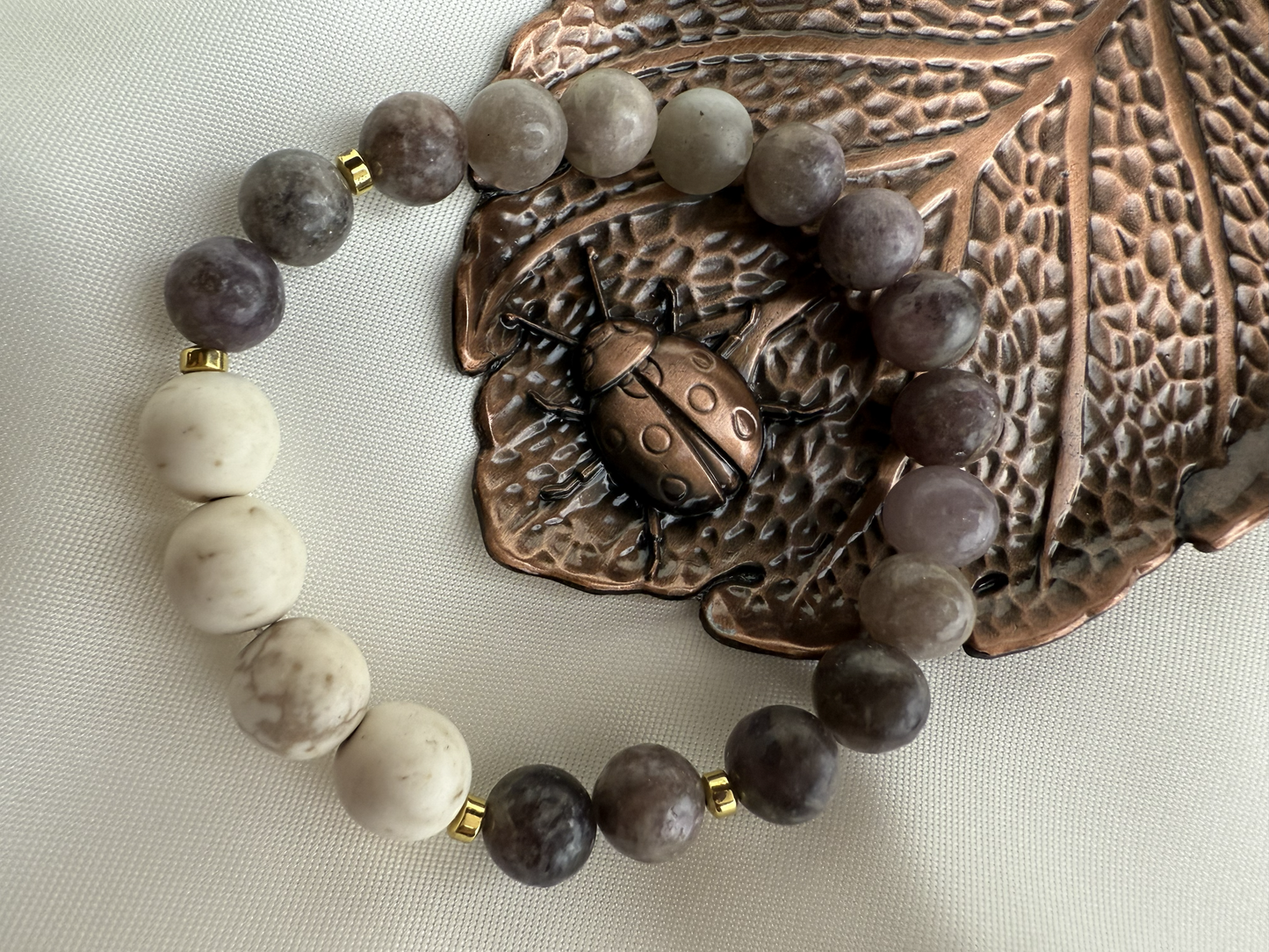 Handmade Lilac Quartz & Magnesite Gemstone Bracelet | Gold Hematite