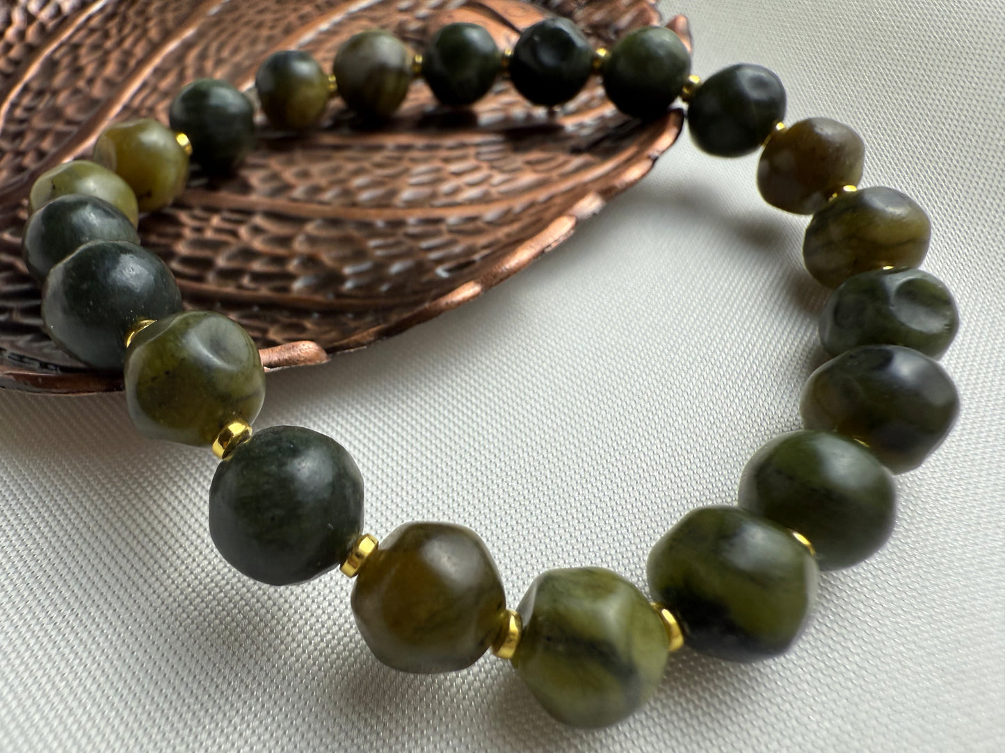 8mm Serpentine Jade Stretch Bracelet, Hematite Accents
