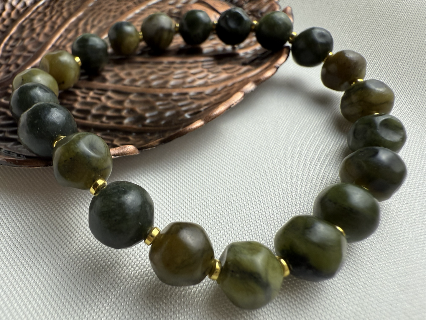 8mm Serpentine Jade Stretch Bracelet, Hematite Accents