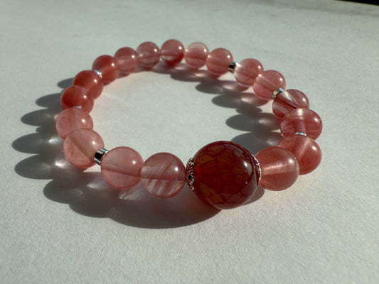 Cherry Quartz & Hematite Gemstone Bracelet, Silver Plated Bead Caps, Handmade Jewelry