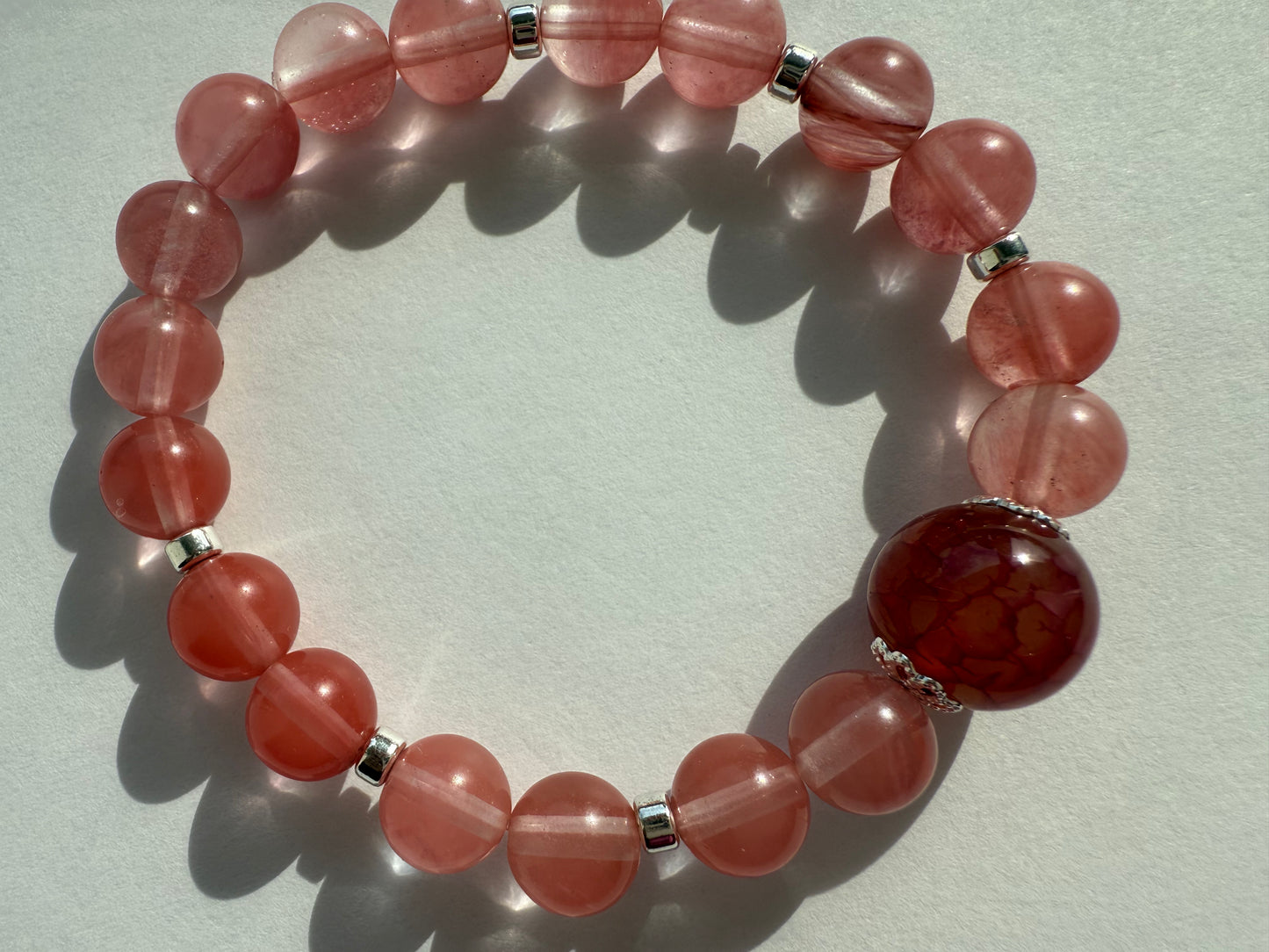 Cherry Quartz & Hematite Gemstone Bracelet, Silver Plated Bead Caps, Handmade Jewelry
