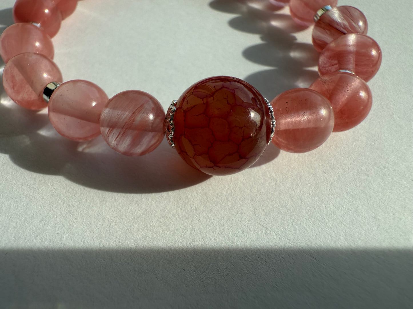 Cherry Quartz & Hematite Gemstone Bracelet, Silver Plated Bead Caps, Handmade Jewelry