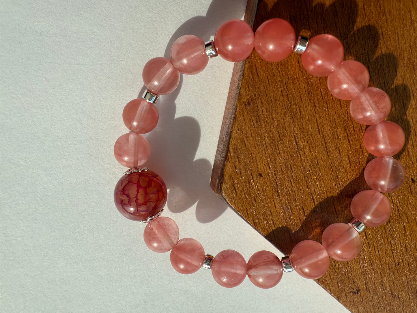 Cherry Quartz & Hematite Gemstone Bracelet, Silver Plated Bead Caps, Handmade Jewelry