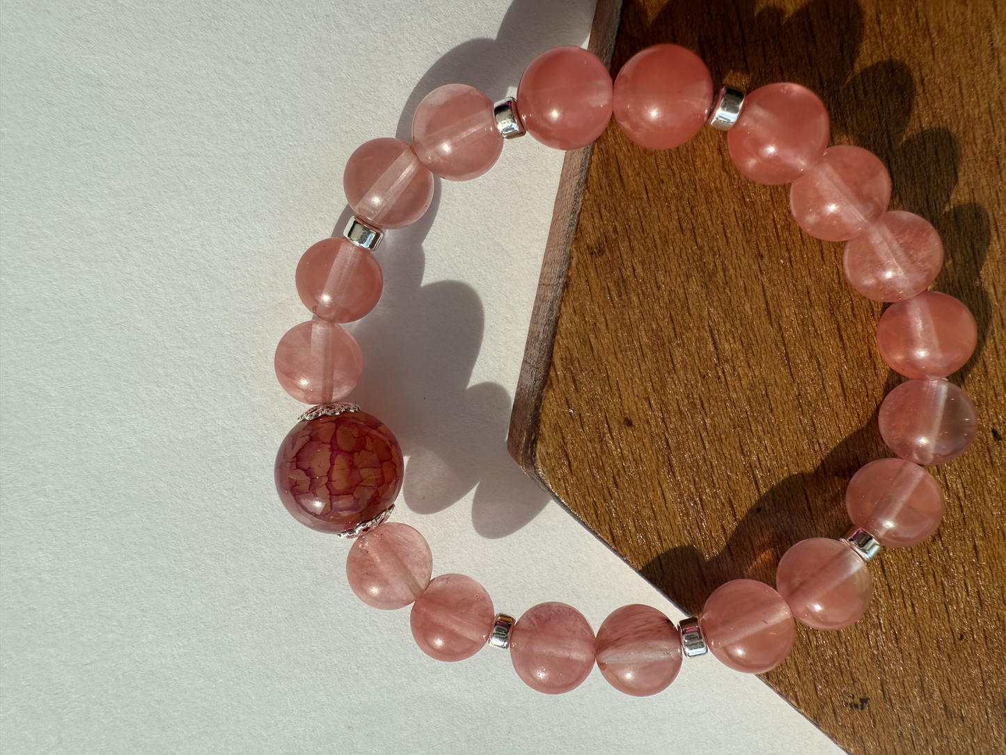 Cherry Quartz & Hematite Gemstone Bracelet, Silver Plated Bead Caps, Handmade Jewelry