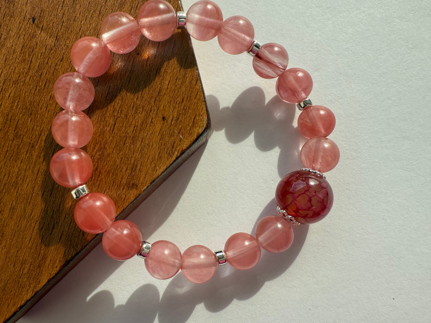 Cherry Quartz & Hematite Gemstone Bracelet, Silver Plated Bead Caps, Handmade Jewelry
