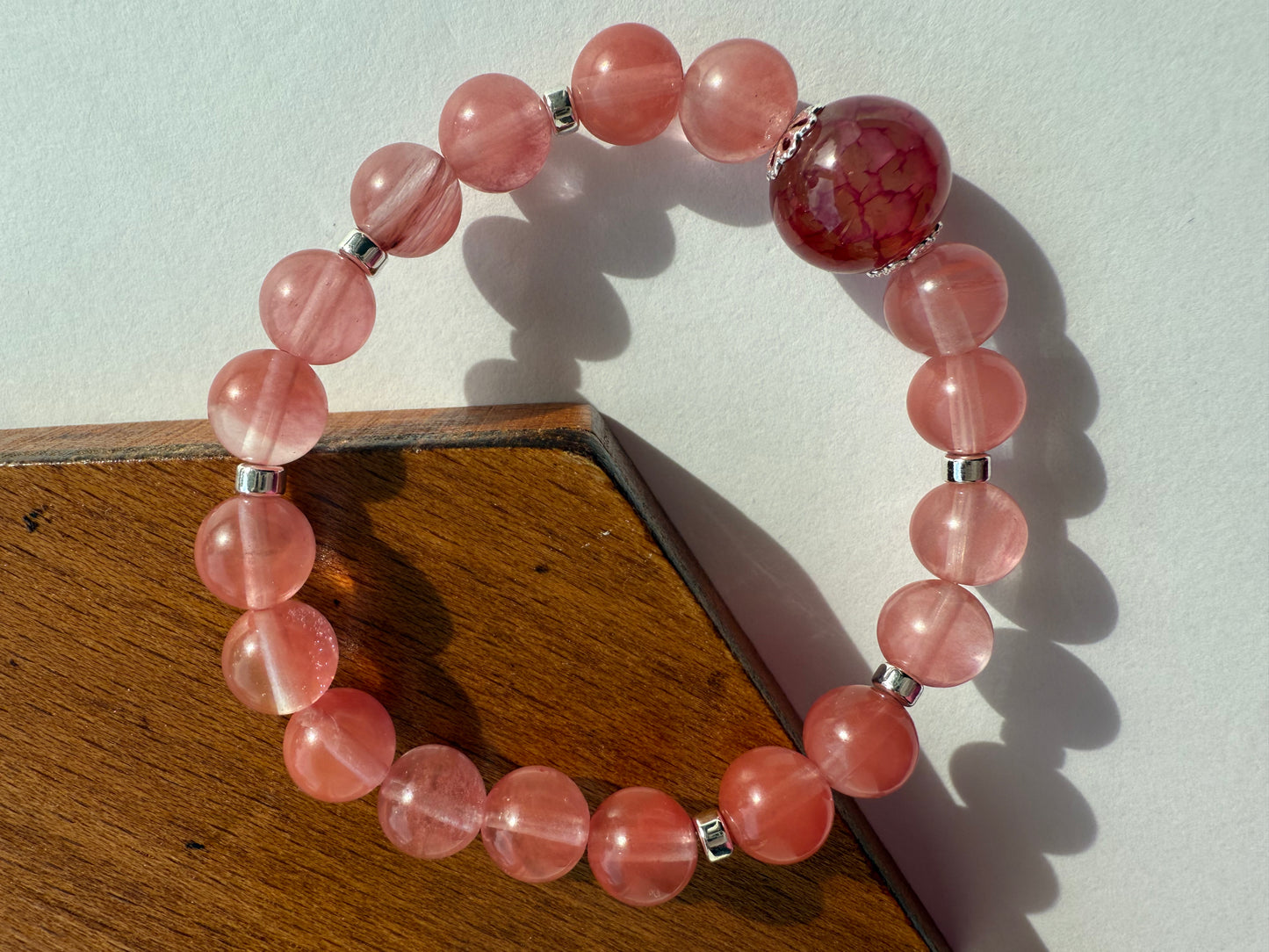 Cherry Quartz & Hematite Gemstone Bracelet, Silver Plated Bead Caps, Handmade Jewelry