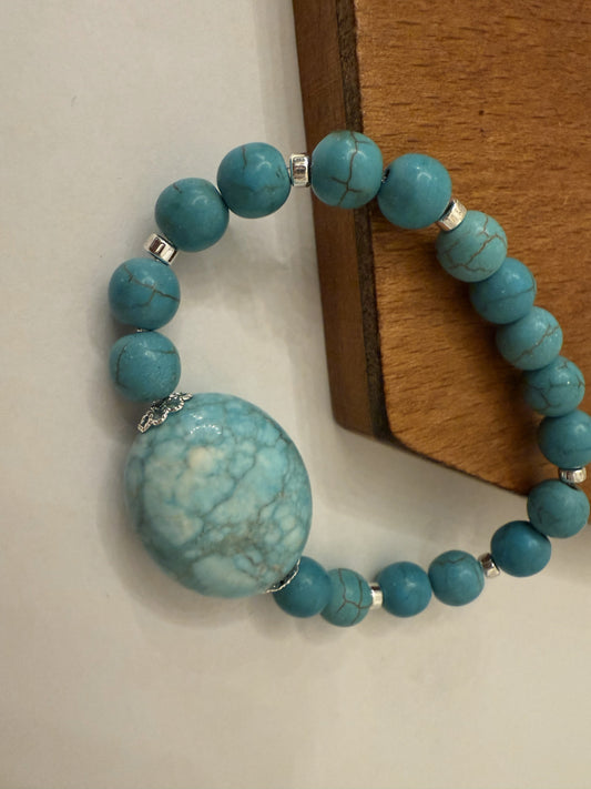 Turquoise Magnesite Stretch Bracelet | Hematite & Silver Plated Accents