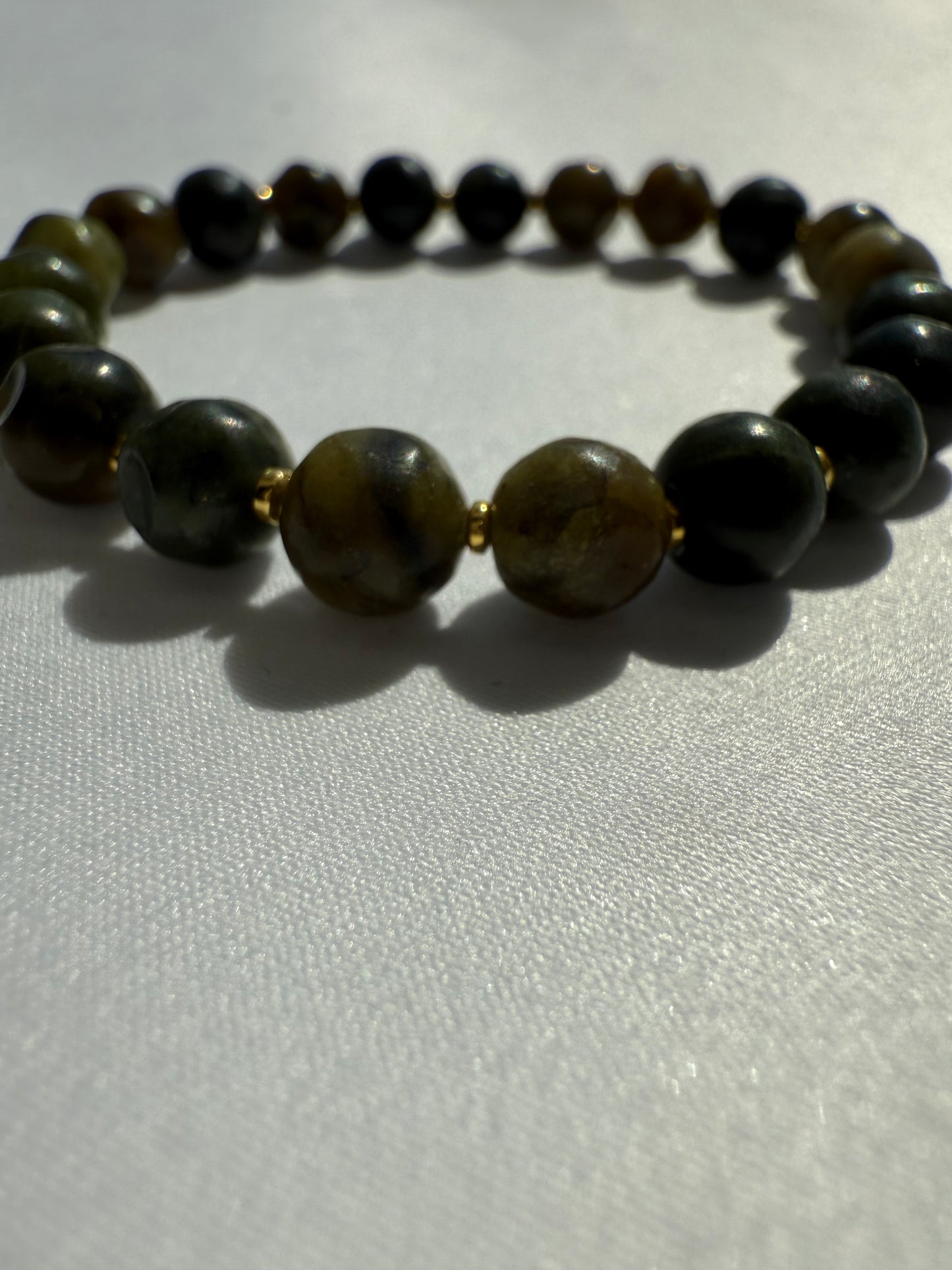 8mm Serpentine Jade Stretch Bracelet, Hematite Accents