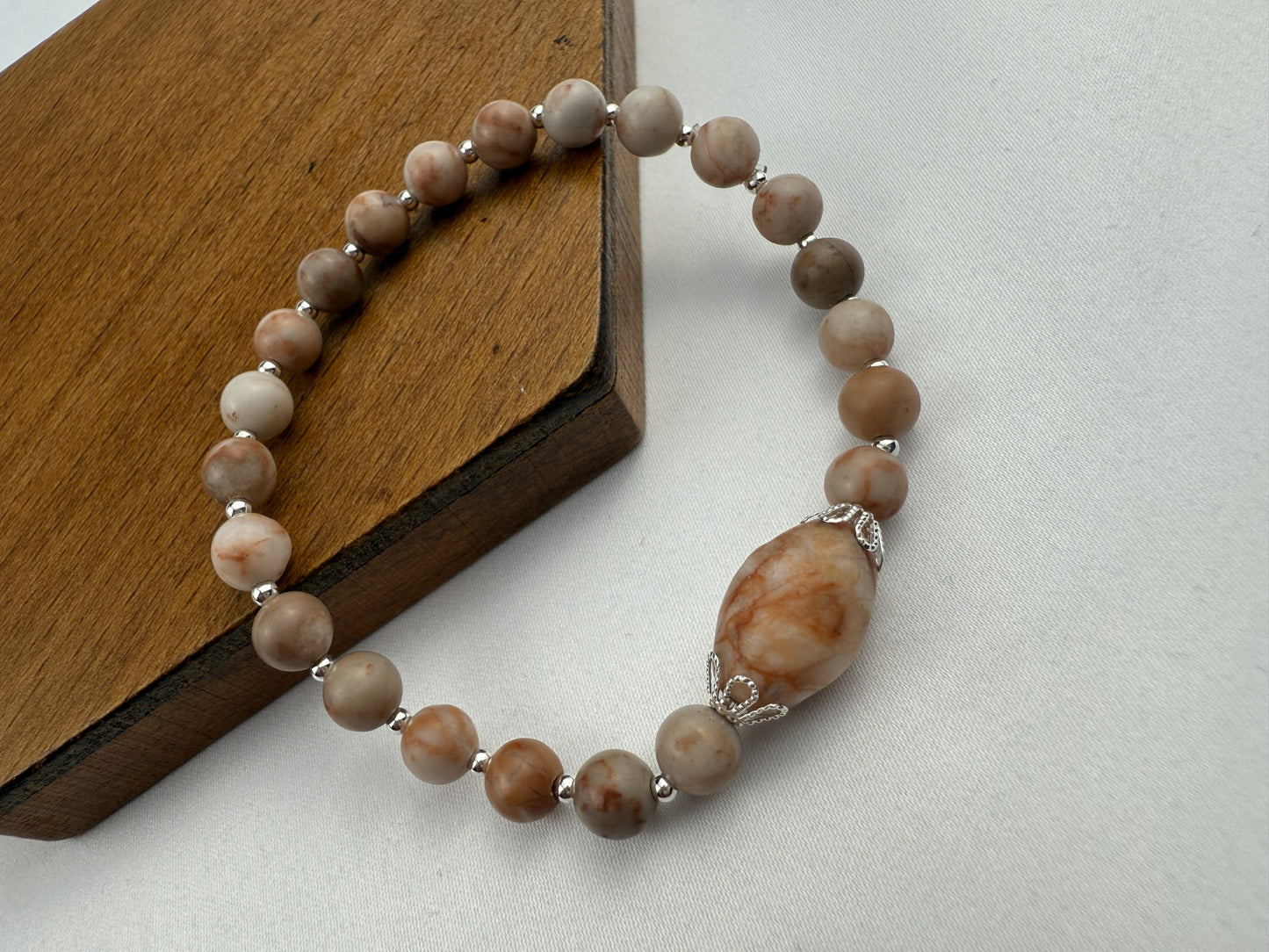 Handmade Red Spot Marble & Hematite Stretch Bracelet | Silver Accents