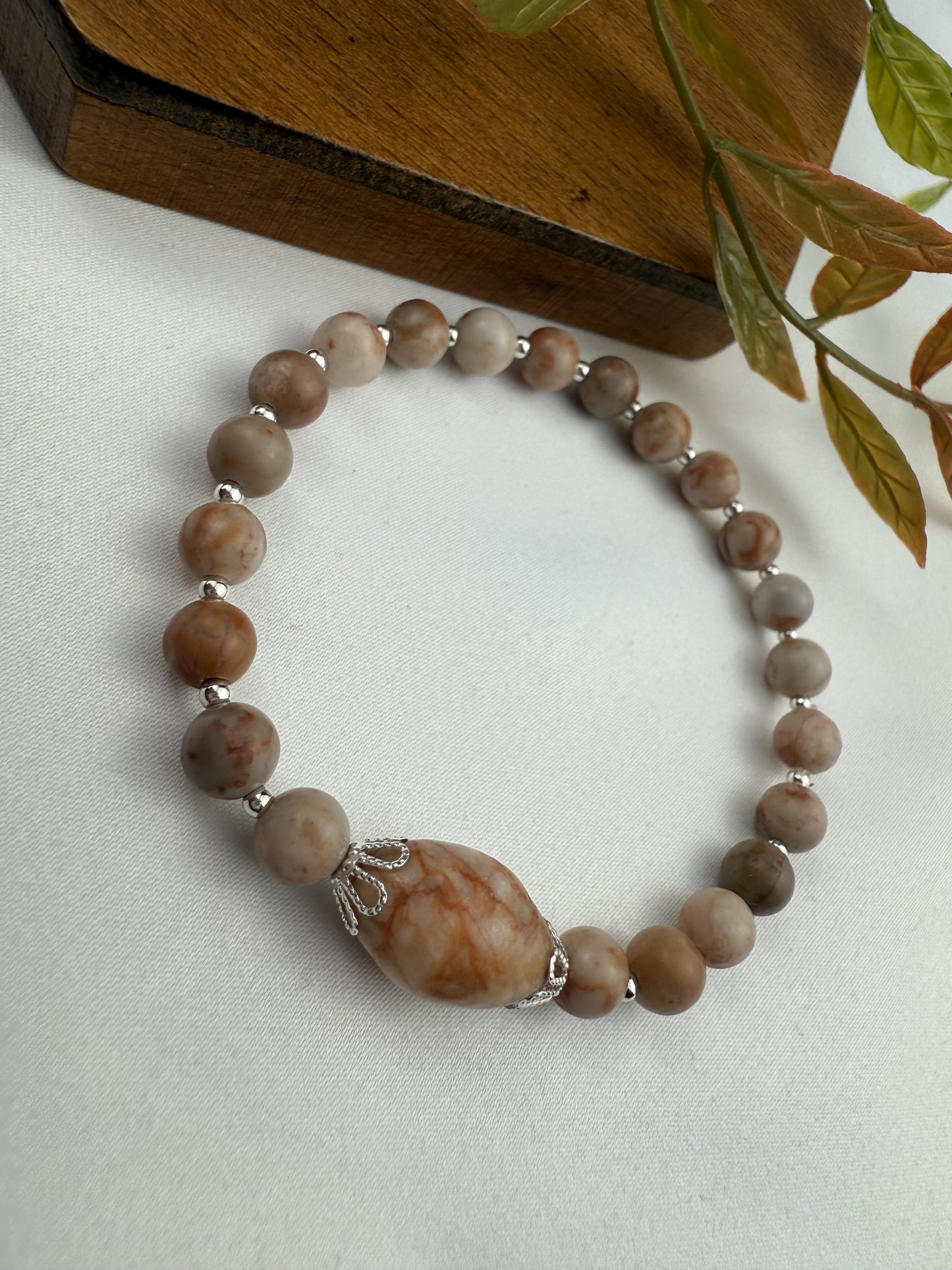 Handmade Red Spot Marble & Hematite Stretch Bracelet | Silver Accents