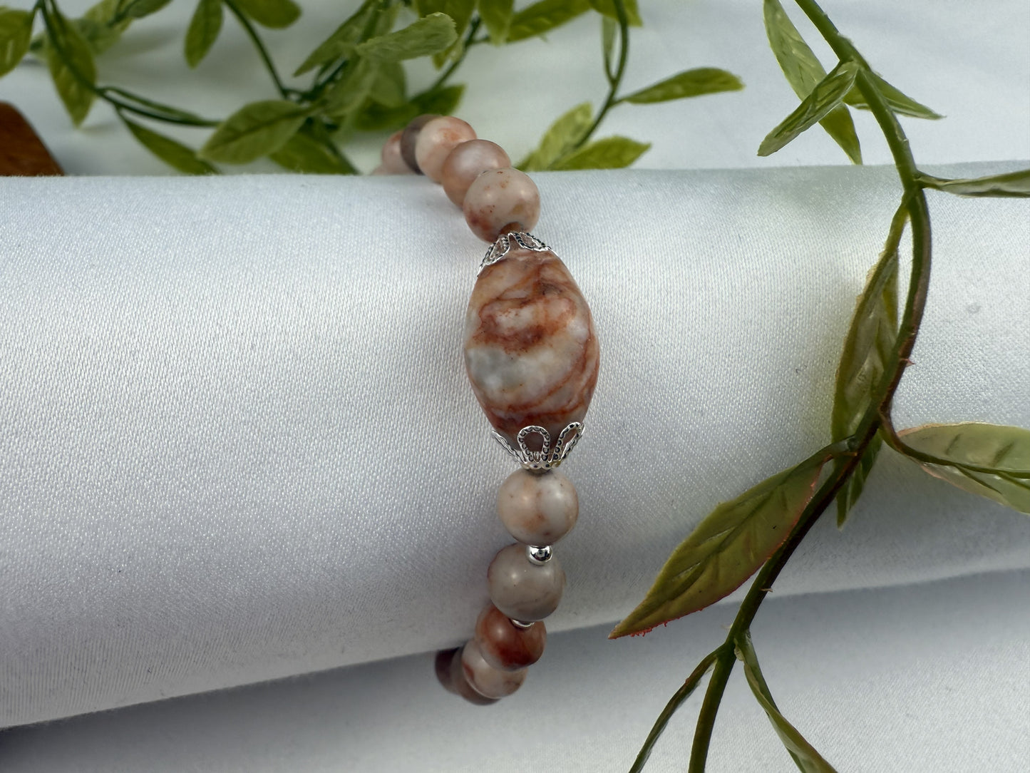 Handmade Red Spot Marble & Hematite Stretch Bracelet | Silver Accents