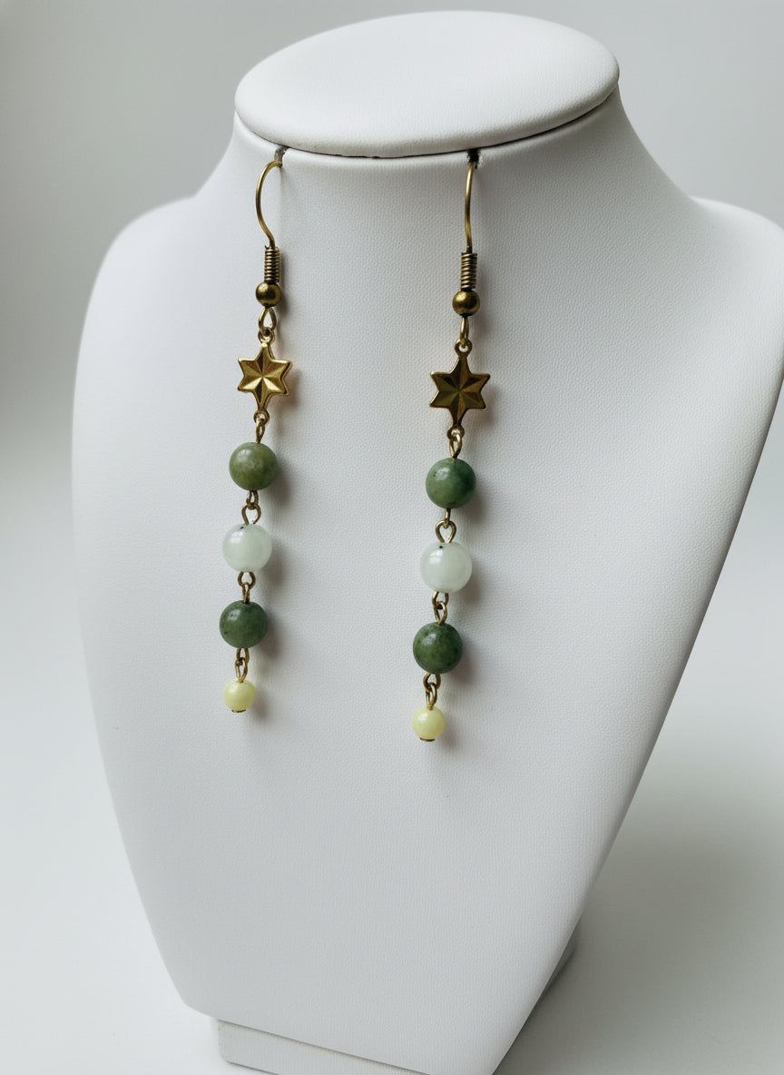 Gold Plated Star Connector , Green Gemstone Bead Dangle Earrings | Brass Hooks | Nickel & Lead Free