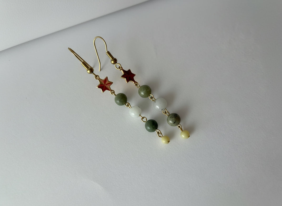 Gold Plated Star Connector , Green Gemstone Bead Dangle Earrings | Brass Hooks | Nickel & Lead Free