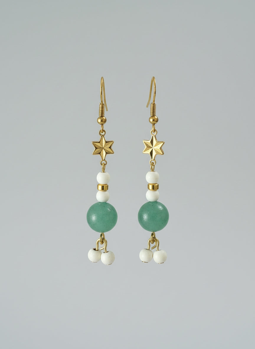 Green Aventurine , White Magnesite Earrings | Gold Plated Star Connector | Brass Hooks | Nickel & Lead Free