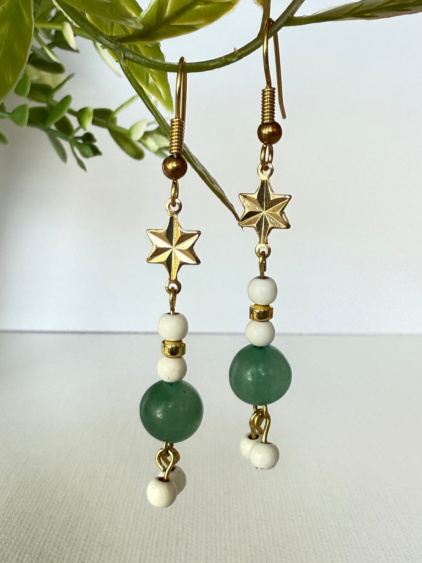 Green Aventurine , White Magnesite Earrings | Gold Plated Star Connector | Brass Hooks | Nickel & Lead Free
