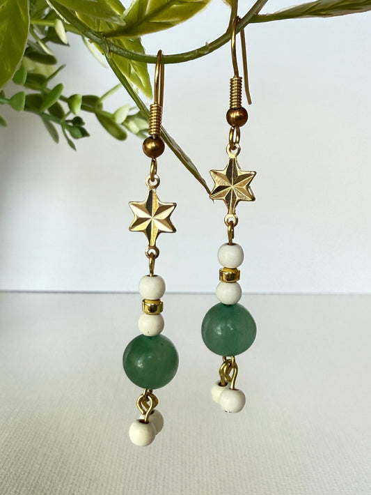 Green Aventurine , White Magnesite Earrings | Gold Plated Star Connector | Brass Hooks | Nickel & Lead Free
