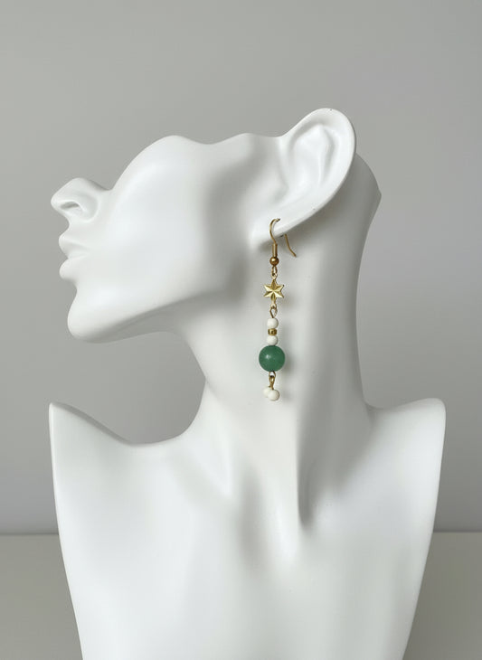 Green Aventurine , White Magnesite Earrings | Gold Plated Star Connector | Brass Hooks | Nickel & Lead Free