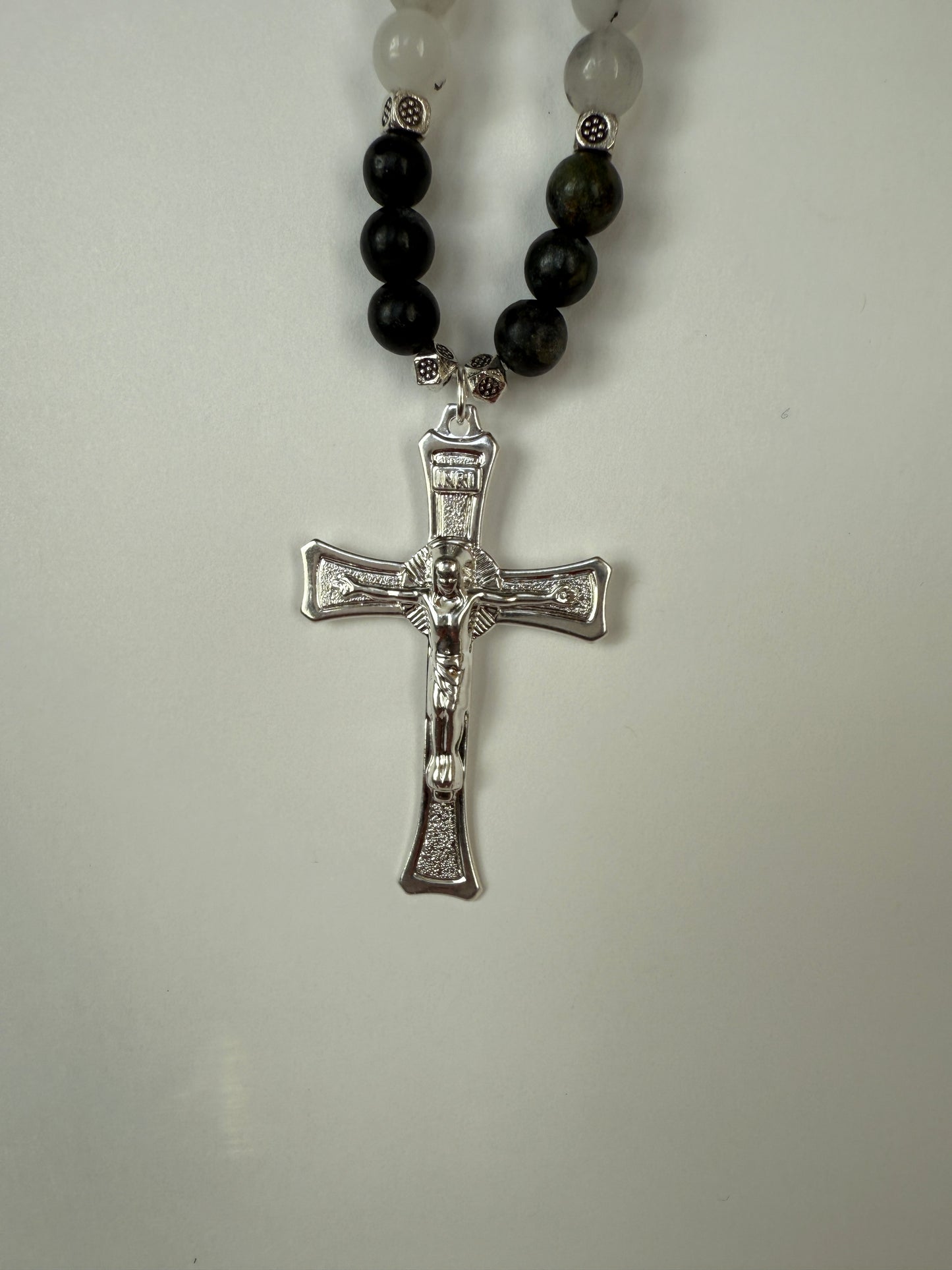 Gemstone Mountain Jade ,Serpentine Phone Charm with Silver Cross , Metal Beads, Stretch Cord, Handmade