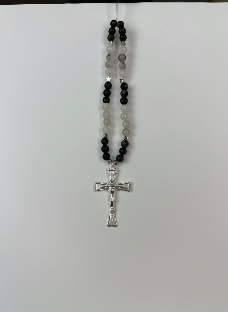 Gemstone Mountain Jade ,Serpentine Phone Charm with Silver Cross , Metal Beads, Stretch Cord, Handmade