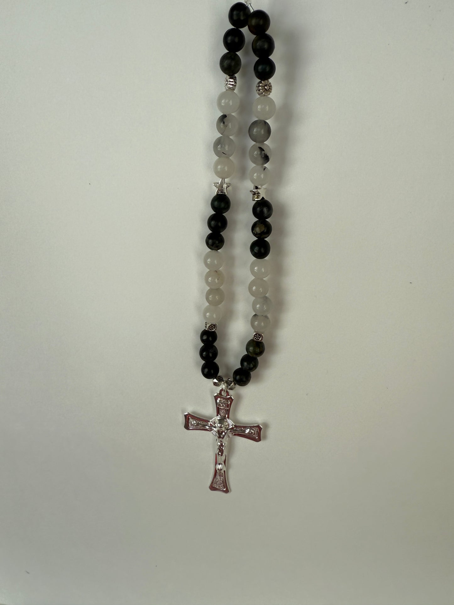 Gemstone Mountain Jade ,Serpentine Phone Charm with Silver Cross , Metal Beads, Stretch Cord, Handmade