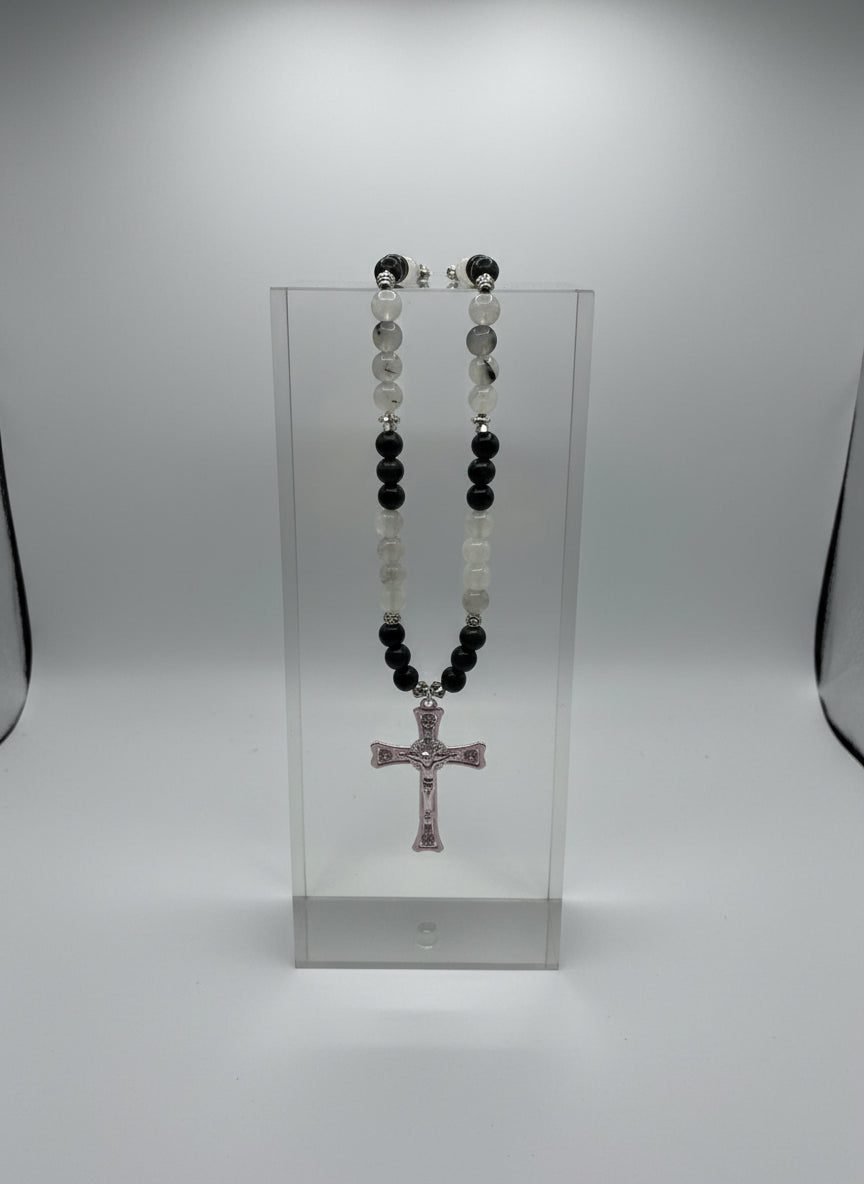 Gemstone Mountain Jade ,Serpentine Phone Charm with Silver Cross , Metal Beads, Stretch Cord, Handmade