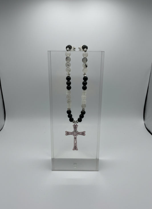 Gemstone Mountain Jade ,Serpentine Phone Charm with Silver Cross , Metal Beads, Stretch Cord, Handmade