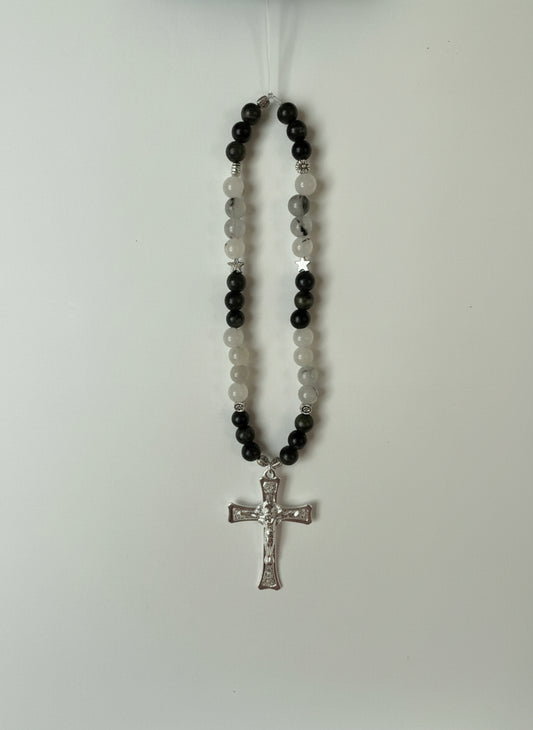 Gemstone Mountain Jade ,Serpentine Phone Charm with Silver Cross , Metal Beads, Stretch Cord, Handmade