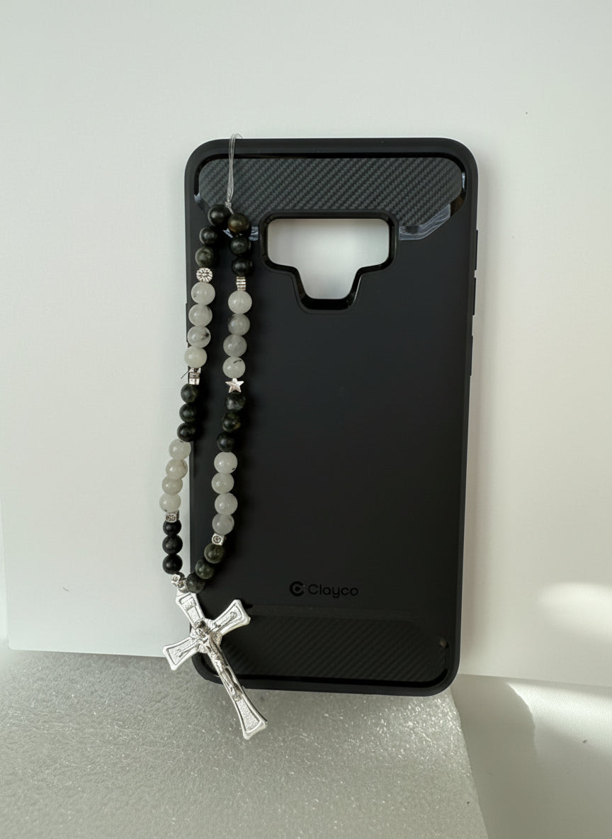 Gemstone Mountain Jade ,Serpentine Phone Charm with Silver Cross , Metal Beads, Stretch Cord, Handmade