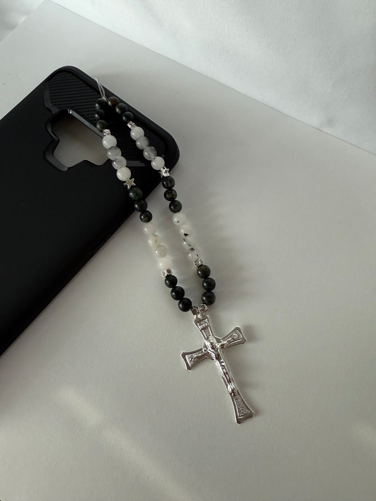 Gemstone Mountain Jade ,Serpentine Phone Charm with Silver Cross , Metal Beads, Stretch Cord, Handmade